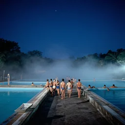 swarm of people, night sky with stars, vintage swimming pools, lush fog, deep blue mood, contemporary archival color photograph print from the original negative, by stanley kubrick