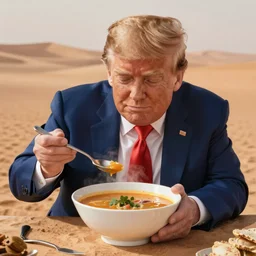 photo of Donald Trump eating a bowl of soup in a hot desert, 8k, photorealistic,