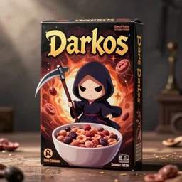 dark magic anime cereal box, with writing, Darkos, chibi grim reaper with scythe, cartoon style