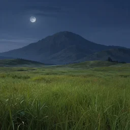Grassy fields with large mountains in the distance, moon in the night sky, landscape wallpaper, d&d art, fantasy, painted, 4k, high detail, sharp focus, artstation