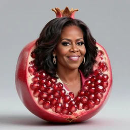 photo of a pomegranate shaped like michelle obama standing tall, smiling softly, sharp detailed face, highly detailed, artstation, 8 k
