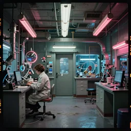 AOC inside of a 1970s science lab, neon lights, dirty, ektachrome photograph, volumetric lighting, f8 aperture, cinematic Eastman 5384 film