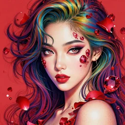studio portrait of an absurdly beautiful, elegant, graceful, young hypercolorful sensual gravure idol rubies and red petals, ultrafine hyperrealistic detailed face illustration by kim jung gi, irakli nadar, intricate linework, sharp focus, bright colors, matte, octopath traveler, final fantasy, unreal engine highly rendered, global illumination, radiant light, intricate environment