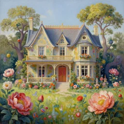 a hiper intricate oil painting of a beatifull house, big flowers in the serene field, intricate, highly detailed, digital painting, artstation, concept art, extremely detailed, sharp focus, wide view, smooth, digital illustration, colorfull, by william turner art, by greg rutowski, by carl larson, by edmund dulac, by hieronimus bosch