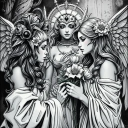 ares giving flowers to hades, hades is confused, jealous aphrodite in the background, ink painting, ultra detailed, concept art, 8 k