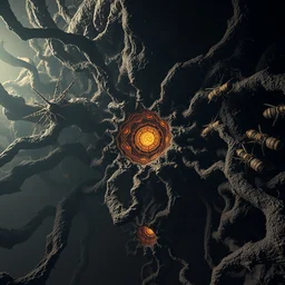 a terrifying artwork of an intricate space hornet hive, complex structures, intertwined webs, darkness, satanic fractals, hazy, volumetric lighting, very detailed, horror, washed out colors, photorealistic, master level composition, raytracing