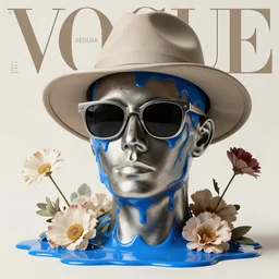 a head made out of melting metal, neutral palette, it is wearing sunglasses and a hat, there are flowers all around it, blue paint melting, vogue cover style, demonic style, smooth fractal style