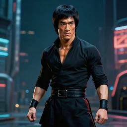 bruce lee as a cyberpunk samurai, retrofuturism sci - fi old movie, highly detailed, photorealistic, 8 k, by beksinski and stalenhag