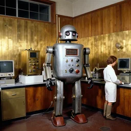 realistic photo of the old science laboratory, a big electric retro robot with a helmet standing in the corner, wooden walls brass panels, brass equipment and computers, people wearing white suits, dark sky in a window. 1 9 8 0, archive museum, documentary