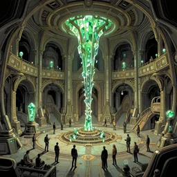 detailed comic illustration of the interior of a scifi space station made of ornate elven architecture bustling with people by druillet, crystalline, emerald power cells, matte illustration by philippe druillet