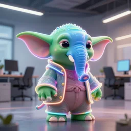 a neon elephant yoda in a modern office space, art designers magazine HD photo superrealism 3d 8k resolution