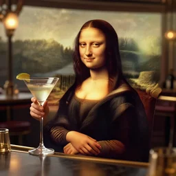 a photorealistic photograph of Mona Lisa holding a Martini during sunset at a classy bar Trending on Artstation, featured on Behance, well-rendered, Unreal Engine, 4K HD