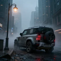 landrover defender crashed in a distopian city early dark morning mist red tail light street lanterns sky scrapers
