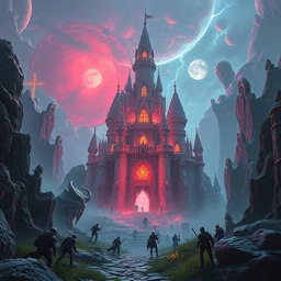 psychedelic castle under siege by humans, unreal engine 5, arnold render, illustration, epic, fantasy, hyper detailed, smooth, in the style of petros afshar, wlop, ross tran, tom whalen, peter mohrbacher