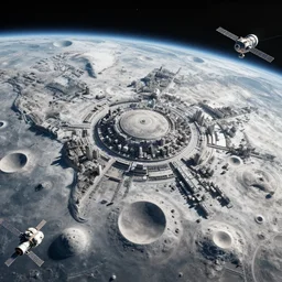 an ecumenopolis world from orbit, with craters and layers of city visible within, there are orbital satellites that are vast in size, illustrated with influence from mc escher, sharp contrast shading from the eclipse