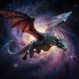 an alien dragon flying through outer space, epic nebula, style of dan seagrave art
