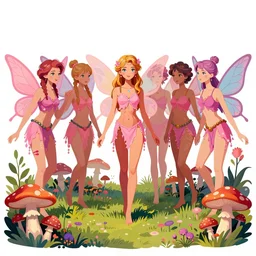 fairies with detailed faces and true anatomy wearing pink clothes, enchanted forest, mushrooms on the ground, psychedelic, wide angle shot, white background, vector art, illustration by frank frazetta