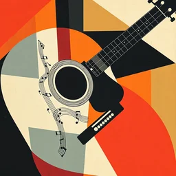 guitar, notes, geometric architectures shapes, abstract expressionism, essence of street forms, geometric structures in style of sonia delaunay, high detail, symmetry, poster