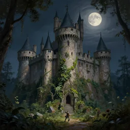 a castle with legs walking, vines, forest, hyperrealistic, highly detailed, cinematic, single ray of moon, dark sky, beautiful, cgssociety, artstation, 8 k, oil painting