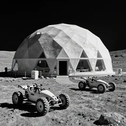 a realistic photo of a futuristic moonbase with geodesic domes and moon buggies