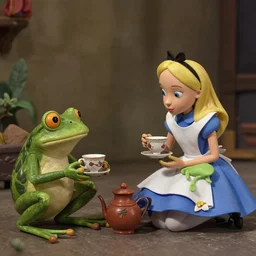 A movie screenshot of frogs and toads (by Brian Froud) having tea with Alice in Wonderland, directed by Henry Selick and Tim Burton, claymation, cinematic, balanced composition, whimsical.