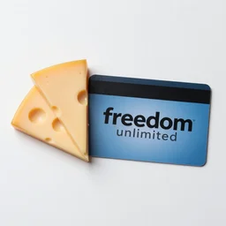 freedom unlimited card with two cheese slices located to the left of it