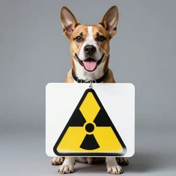 professional photo of a dog holding a sign with a nuclear radiation warning on it