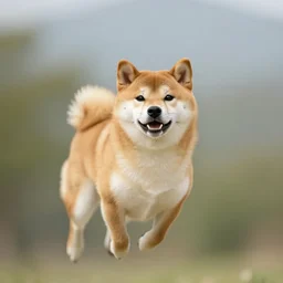 a fat shiba inu flapping it's ears while flying in the air