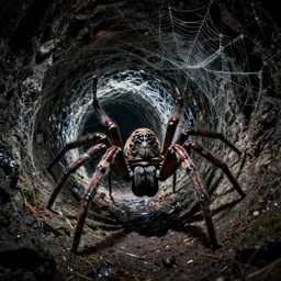 a monstrous spider in a dark tunnel, cobwebs, atmospheric, in the style of jeff easley, dramatic lighting, low angle, wide angle, hyper - realistic, highly detailed digital art