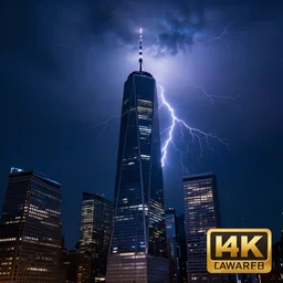lightning striking the World Trade Center, hyperrealistic, apocalyptic, blue, thunderstorm, night, award winning, 8k