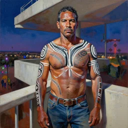 palette knife oil painting portrait of eddie dreamtime, an athletic middle - aged man in hipster outback wear and australian aboriginal body paint, concrete balcony, nightclub, artstation trending, artgerm, any racial background, deviant art, hipster, octane, substance, art history 8 k