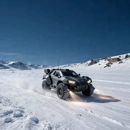 a armored core v running across the open snow field, booster flares, dark blue sky, empty snow field, snow, karst landscape, wide shot ; dynamic contrast, bokeh, motion blur, photoreal, cinematic, digital art by liam wong