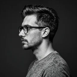 black and white profile photo, studio photograph of a male symmetrical handsome andrea belluci wearing glasses the painter artist, casual clothes, anxiety and depression, intricate, elegant, highly detailed, hyper realistic, dark background, flickr, smooth, sharp focus, shot by canon