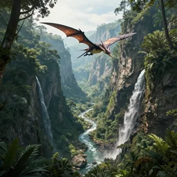 wide angle view a deep canyon, swooping pterodactyl, mountainous jungle setting, trees, waterfall, river, rocks, dramatic lighting, highly detailed, artstation, unreal engine, matte painting in the style of craig mullins, Uncharted 4, fish eye lens, 8k HDR