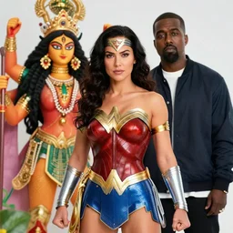Logan Pual as Wonder Woman wearing a Durga next to Kanye east in spring field