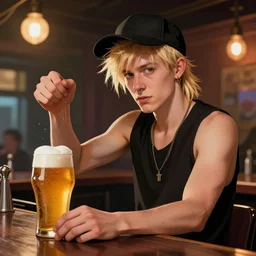 a punk rock guy serving beer at a bar, blond hair, cap, sleeveless, nose ring, digital illustration, by dave mckean, digital art, highly detailed, octane render, volumetric lighting, vibrant,