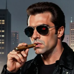 adriano celentano as terminator, one eye is read, cigar, sunglasses, in the style of terminator movie, city landscape, d & d, movie screenshot, highly detailed, digital painting, artstation, concept art, matte, sharp focus, illustration, art by greg rutkowski