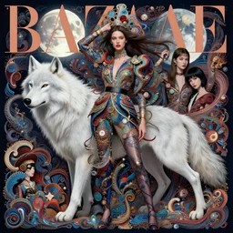 pretty model with white wolf and full moon : : by martine johanna and simon stalenhag and chie yoshii and casey weldon and wlop : : ornate, dynamic, particulate, rich colors, intricate, elegant, highly detailed, vogue, harper's bazaar art, fashion magazine, smooth, sharp focus, 8 k, octane render