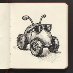 art brut drawing of a tire bug wearing sunglasses, found scribbled in a notebook, artwork by max klinger