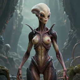 single female alien creature with realistic human face on an alien world, artstyle greg rutkowski, model pose, very intricate details, high resolution, 4 k