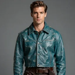an award - winning editorial photo of a male model wearing a teal distressed baggy medieval cropped leather menswear jacket, 4 k, studio lighting