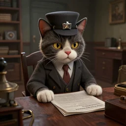 a cat is a detective in a 40s noir film, render, ultra realistic, zenith view, Greg Rutkowski, artstation, cgsociety, level design, unreal engine, 3d scene, render, ultra realistic, Enki Bilal style