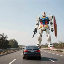 car on the freeway with a gundam standing in the distance, canon ae - 1, simon stalenhag,