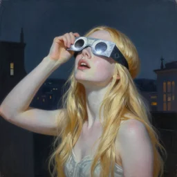 Painting of Elle Fanning in the ringed city during the eclipse, long blonde hair, delicate, pale milky white porcelain skin, by Edward Hopper. 8K. Extremely detailed.