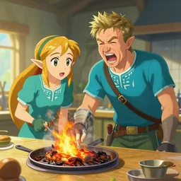 gordon ramsey yelling screaming at link from zelda for cooking burnt food in the style of breath of the wild, artstation, krenz cushart, makoto shinkai