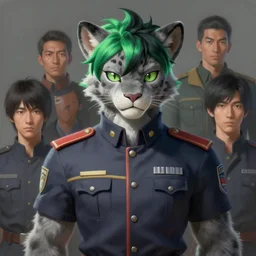 a beautiful painting of a handsome anthropomorph panther furry fursona wearing an uniform. gray fur, green and black anime hair. character design by cory loftis, fenghua zhong, ryohei hase, ismail inceoglu and ruan jia. artstation, volumetric light, detailed, photorealistic, rendered in octane