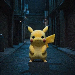 Dimly lit photo of a lone Pikachu standing ominously in the middle of a dark alley at night