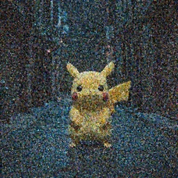 Dimly lit photo of a lone Pikachu standing ominously in the middle of a dark alley at night