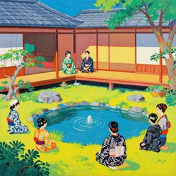 close - up traditional japanese home with a garden, a pond in the garden, startroopers are sitting around the pond, a combination of pop - art and traditional japanese painting styles, the style of andy warhol and jackie tsai, bright palette, acrylic on canvas