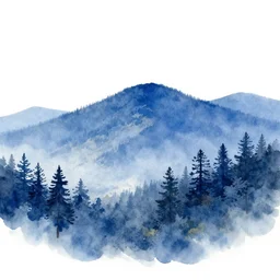modern highly detailed watercolor painting white sky and blue landscape forest mountainous trending on artstation